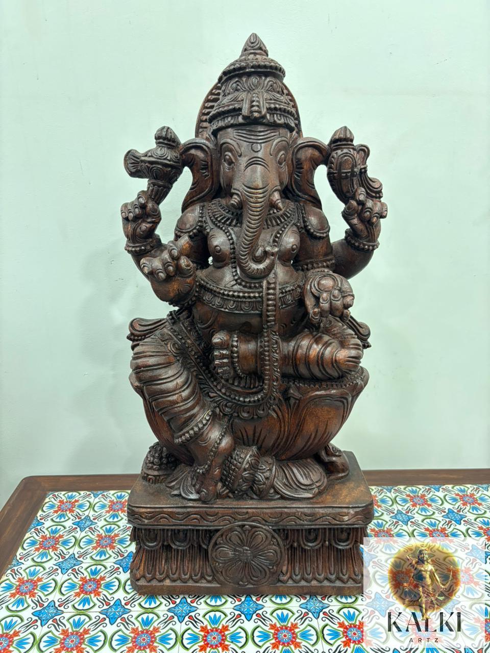 Divine Ganesha Seated Sculpture (Hand-Carved Wooden Idol)