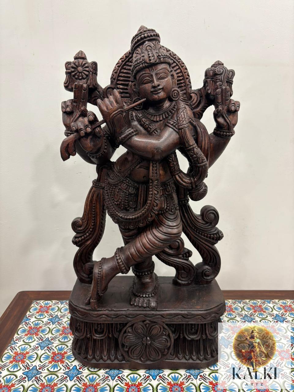 Divine Krishna Nataraja Pose Sculpture (Hand-Carved Wooden Idol)