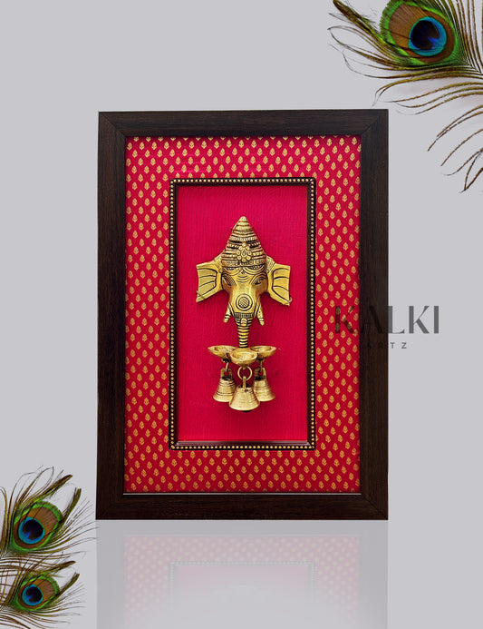 Brass Elephant Mask Pink Silk With Wooden Frame With Three Bells