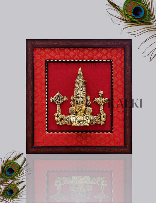 Brass Perumal Mask with Red Silk With Wooden Frame