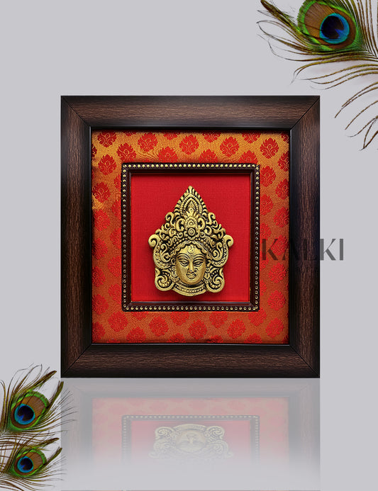 Brass Durga Devi Mask with Red Silk With Wooden Frame