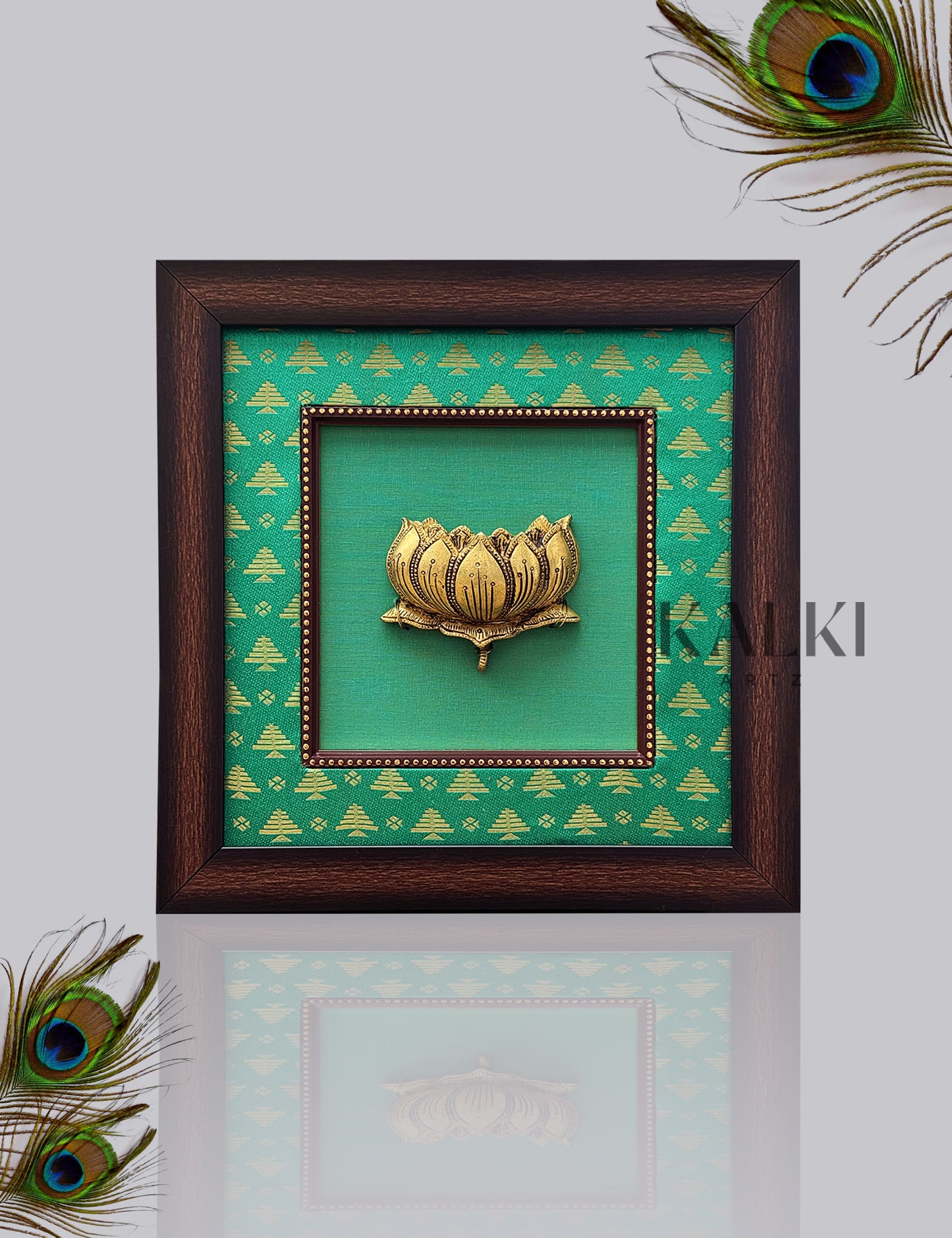 Brass Lotus with Green Silk With Wooden Frame