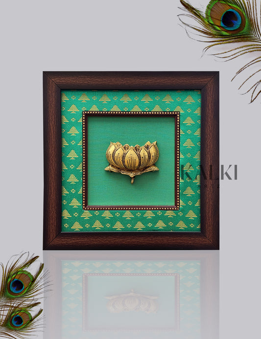 Brass Lotus with Green Silk With Wooden Frame