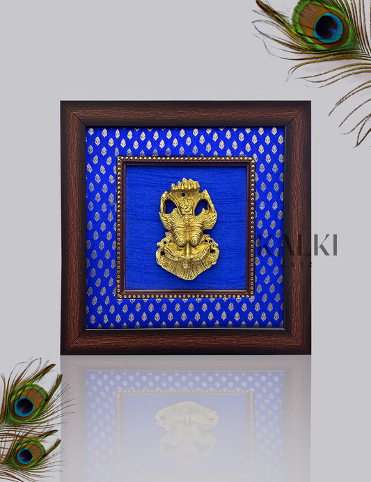 Brass Yali with Blue Silk With Wooden Frame