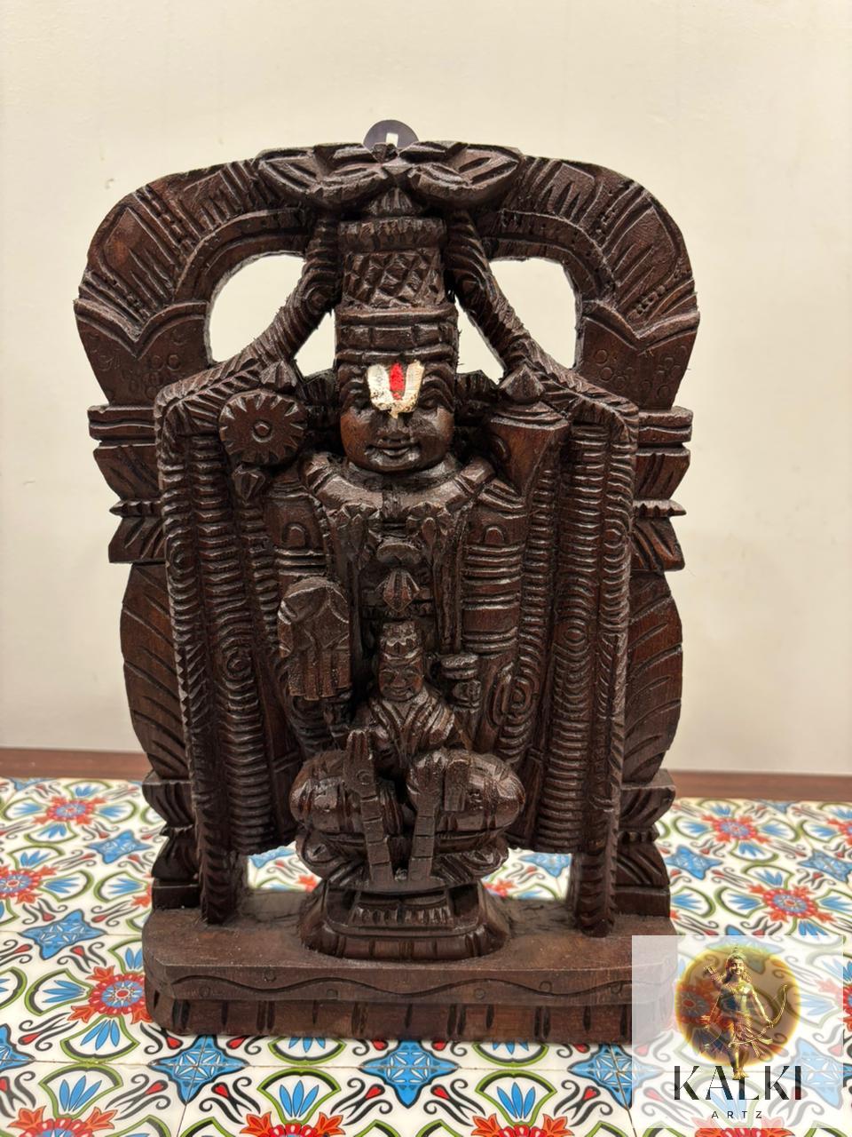 Divine Venkateswara with Lakshmi Prabhavali (Hand-Carved Wooden Wall Panel)