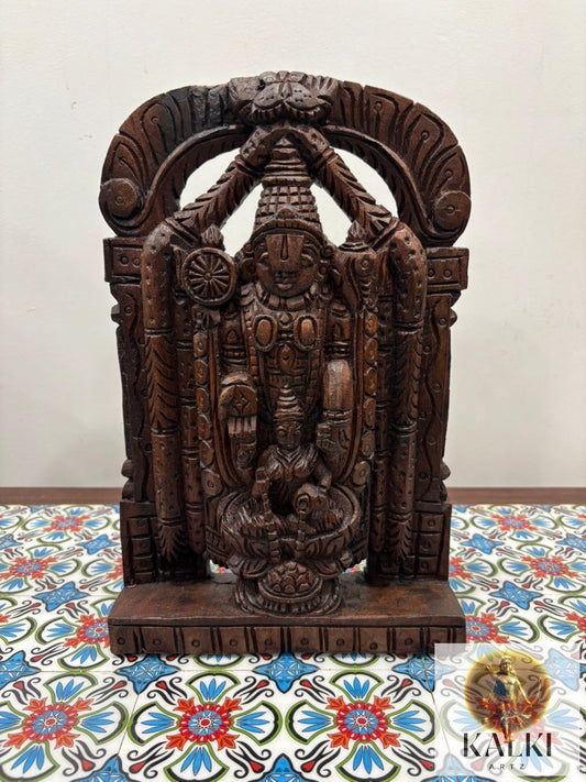 Divine Venkateswara with Lakshmi Prabhavali (Hand-Carved Wooden Wall Panel)