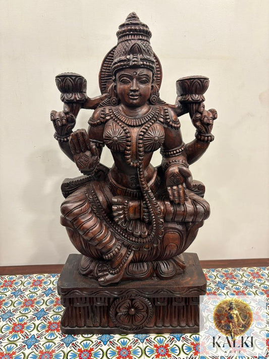 Divine Lakshmi Seated Sculpture (Hand-Carved Wooden Idol)