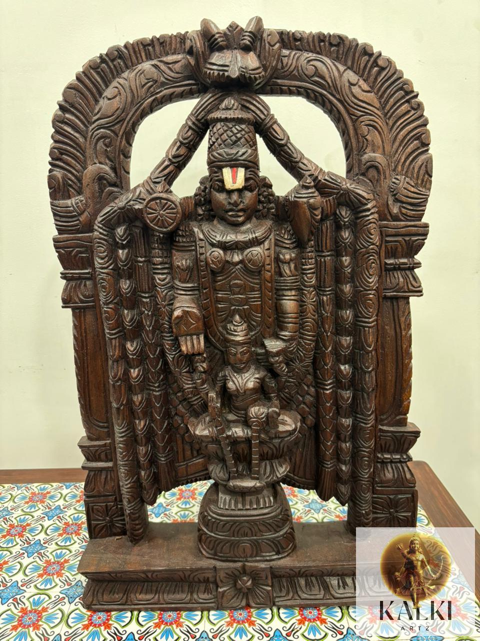 Divine Venkateswara with Lakshmi Prabhavali (Hand-Carved Wooden Wall Panel)