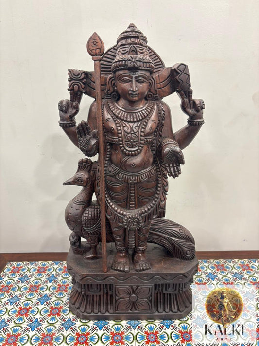 Divine Murugan (Kartikeya) Standing Sculpture (Hand-Carved Wooden Idol)