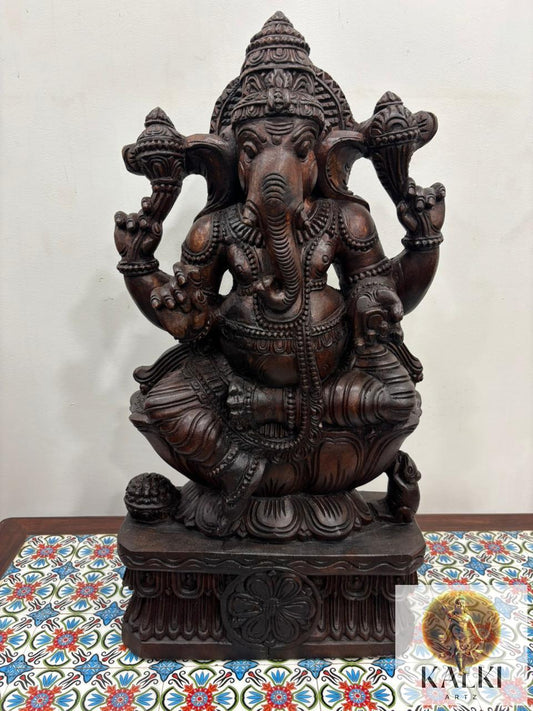 Divine Ganesha Seated Sculpture (Hand-Carved Wooden Idol)
