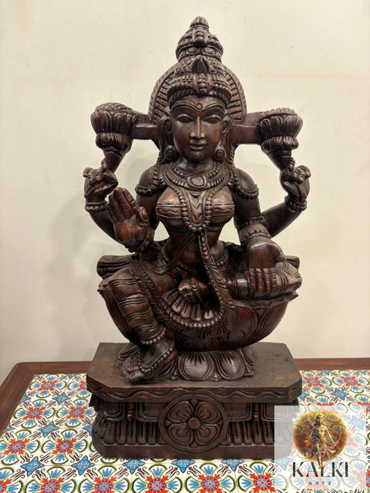 Divine Lakshmi Seated Sculpture (Hand-Carved Wooden Idol)