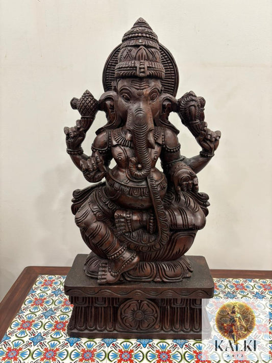 Divine Ganesha Seated Sculpture (Hand-Carved Wooden Idol)