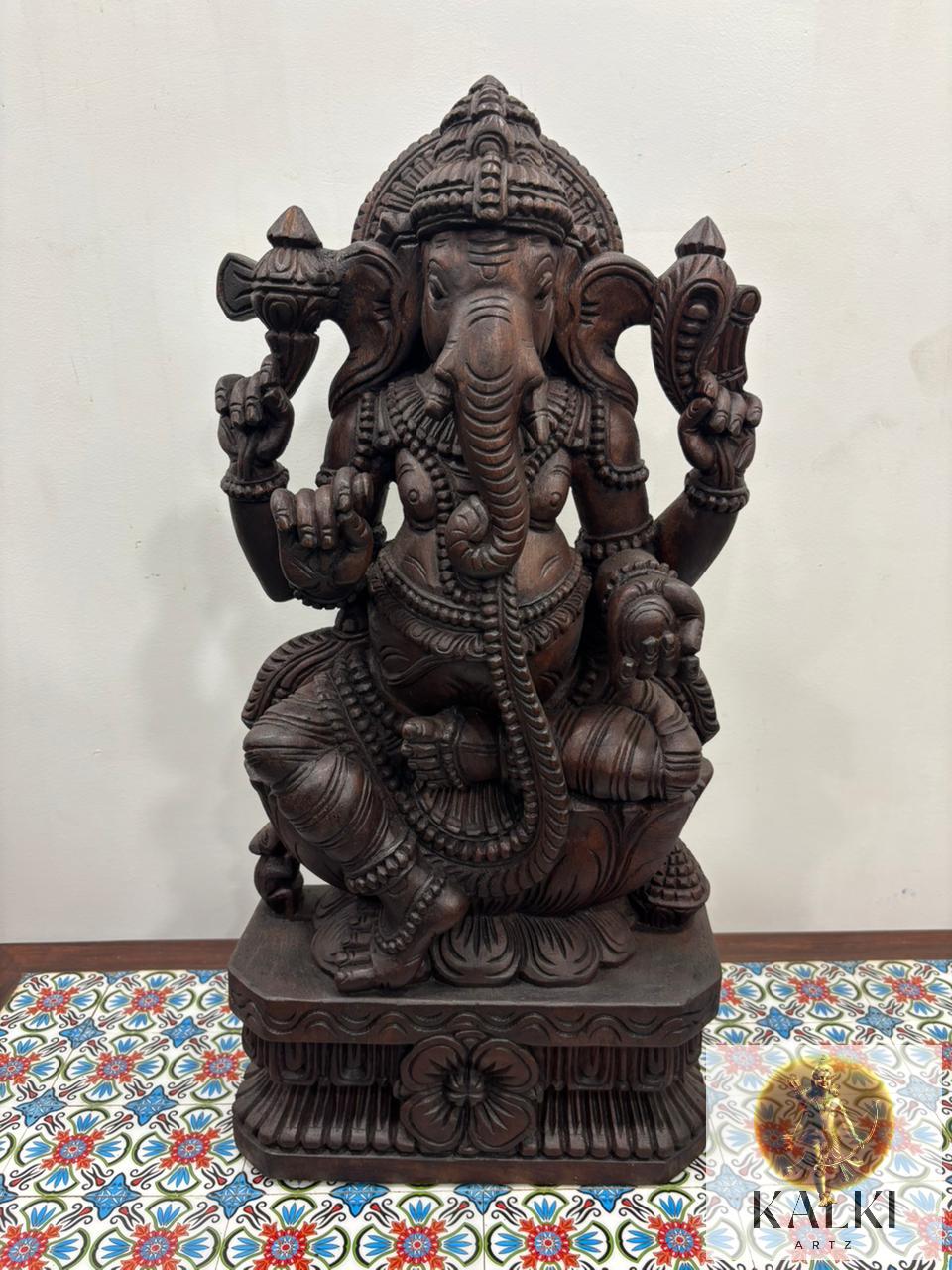 Divine Ganesha Seated Sculpture (Hand-Carved Wooden Idol)
