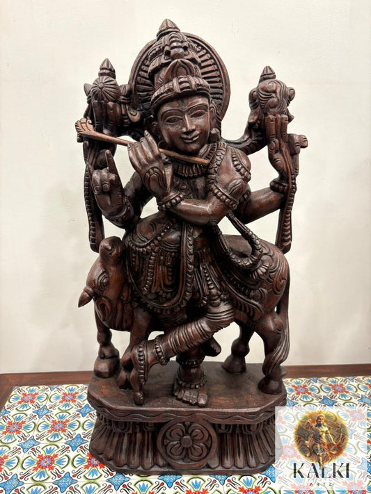 Divine Krishna Dancing Sculpture (Hand-Carved Wooden Idol)