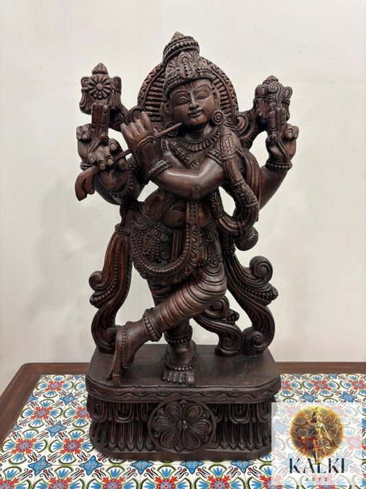 Divine Krishna Nataraja Pose Sculpture (Hand-Carved Wooden Idol)